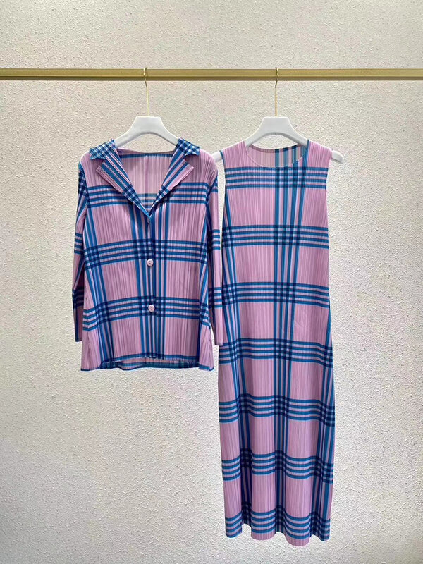 TIANPEI Miyake-Vestido largo de cuadros plisado con botones para mujer, ropa de invierno, traje, chaqueta informal de manga larga, chaqueta rosa, conjunto de 2 piezas