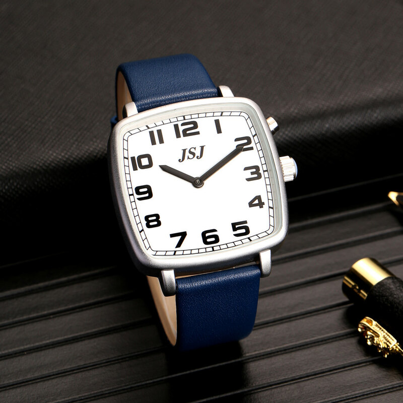Montre connectée allemande, carrée, avec alarme, Date et heure, cadran blanc, bracelet en cuir bleu, TGSW-1705G