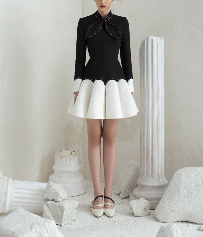Kleermaker Little Black Dress Zwart Wit Puffy Vrouwelijke Licht Luxe Jurk Semi-Formele Jurken Prinses Jurk Zwart Wit jurk