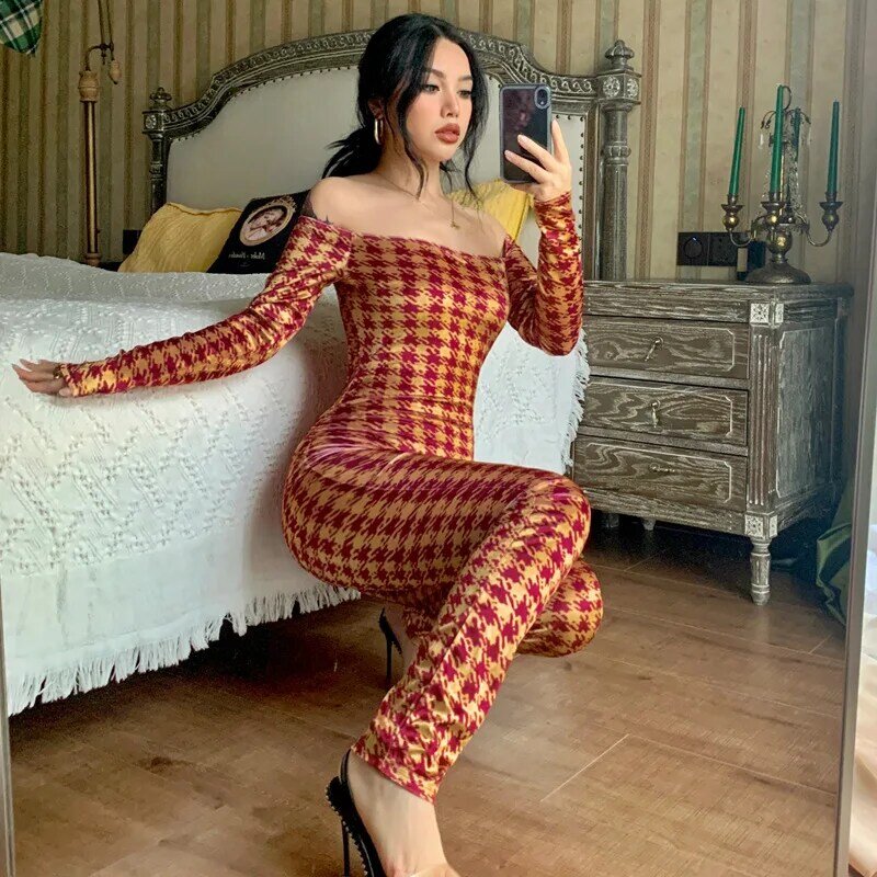 Elegant Houndstooth Print Velvet Jumpsuit Women 2022 New Spring Sexy Off the Shoulder Long Sleeve Club Party Romper One Piece