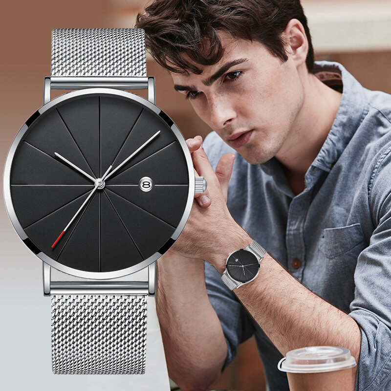 Relógio masculino ultrafino Monte Homme, pulseira de malha de aço com calendário