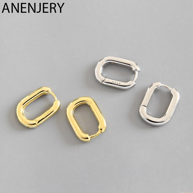ANENJERY 925 Sterling Silver Prevent Allergy Earrings Geometric Oval Small Hoop Earrings For Women S-E1082