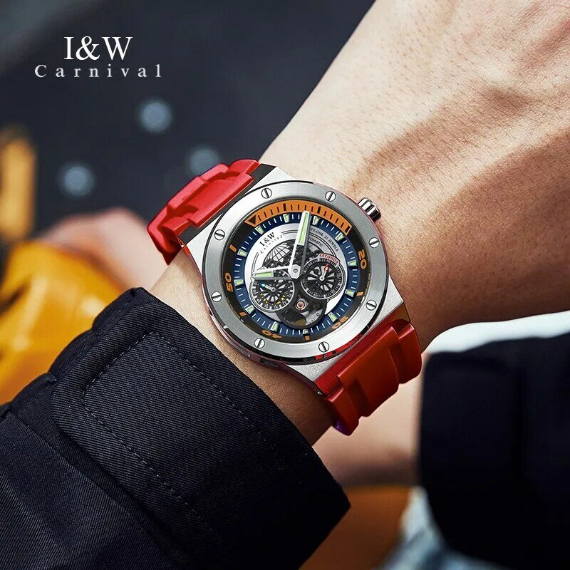 Relogio masculino marca de luxo i & w novo relógio automático esqueleto relógios masculinos safira miyota movimento 5bar esporte relógio para homem