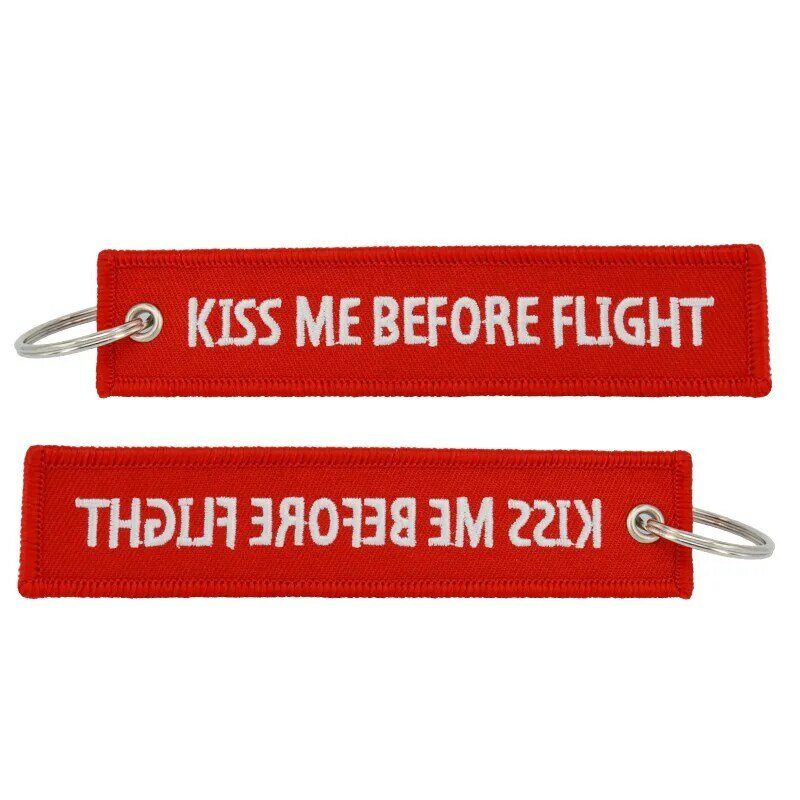 5 PCS/LOT Kiss Me Before Flight Keychain Embroidery Anahtarlik Label Red Key Ring Key Chain for Aviation Gifts Car Keychains