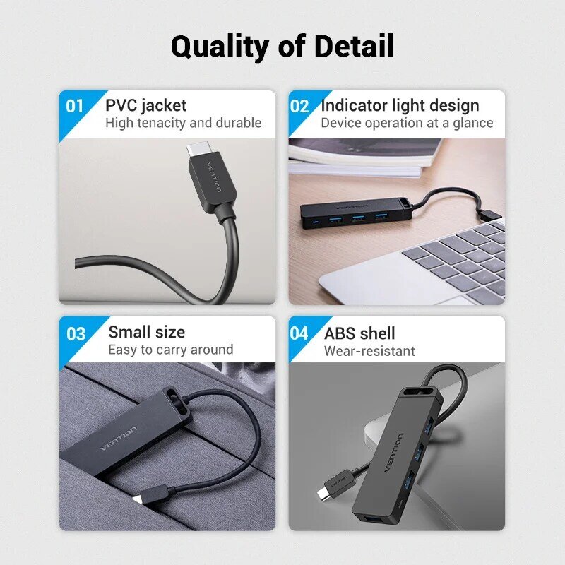 Vention-USB Tipo C HUB, Multi Splitter para Xiaomi, MacBook Pro, Ar, Acessórios de Computador, 4 Portas, 3.0