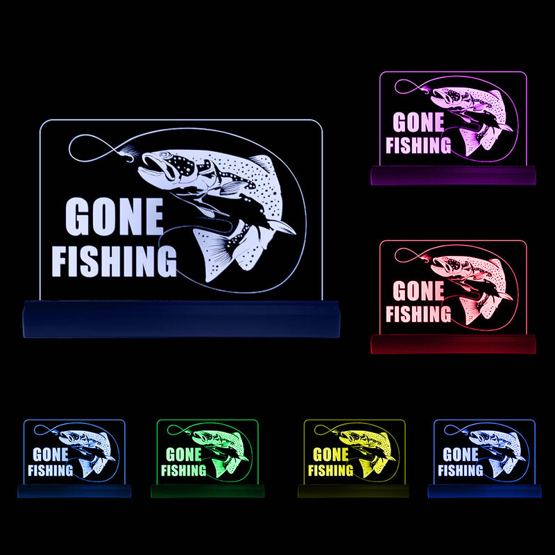 Gone Fishing Nameplate Sign LED Light Fisherman Gife Trout Modern Personalized Acrylic Night Desk Lamp Fishing Garden Decoration