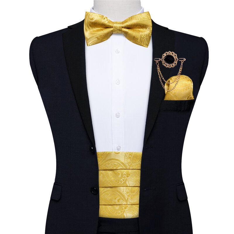Złoty Paisley męska Tuxedo Cummerbund i muszka ślub formalne Prom Cummerbunds elastyczny pas szeroki pas zestaw broszka DiBanGu