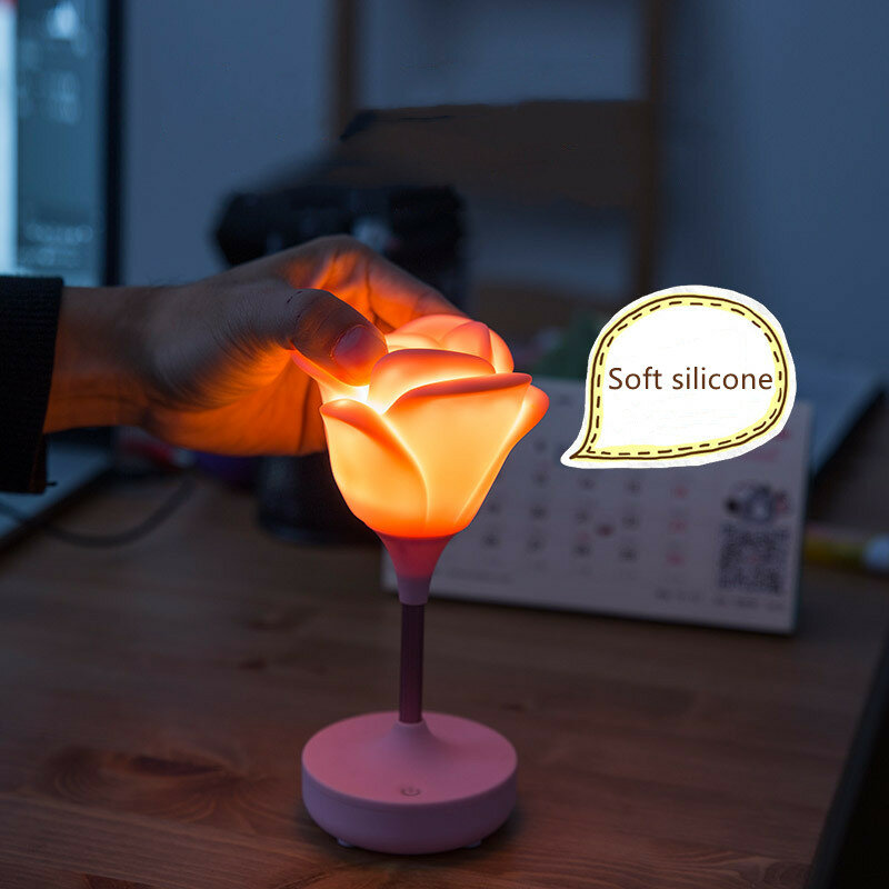 Lámpara LED de mesa regulable táctil con USB, luz de noche con flores rosas, 3 brillos, romántica, de silicona, para dormitorio y mesita de noche