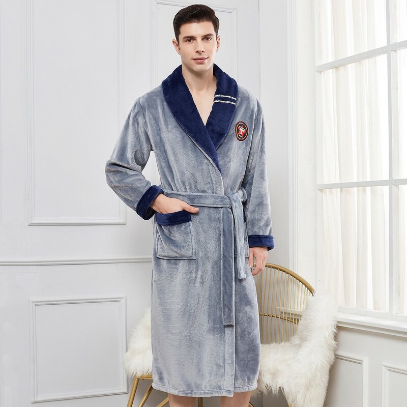 플러스 사이즈 3XL 4XL 남성 플란넬 로브 슬리퍼 두꺼운 따뜻한 롱 목욕 가운 잠옷 겨울 산호 양털 캐주얼 나이트웨어 홈웨어