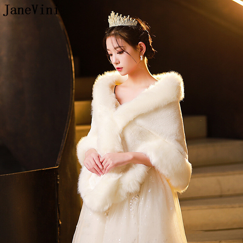 JaneVini Ivory Fur Shawl for Women 155*55cm Winter Warm Bridal Bolero Mariage Faux Fur Wedding Capes Wraps Stole Bride capelet