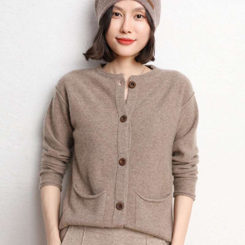 Cardigan de malha em torno do pescoço das mulheres camisola solta preguiçoso outono inverno 2021 nova moda lã base curta manga longa versão coreana