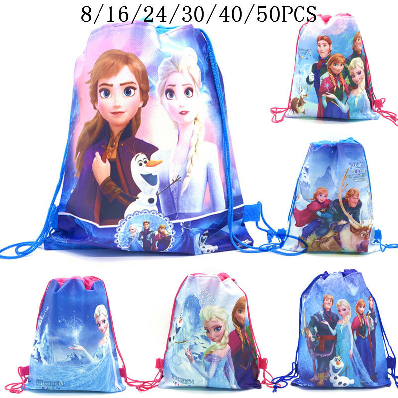 8/16/24/50PCS Disney แช่แข็ง2 Anna Elsa ของขวัญวันเกิด Non-Woven สายรัดกระเป๋าเด็ก Favor ว่ายน้ำโรงเรียนกระเป๋าเป้สะพายหลัง