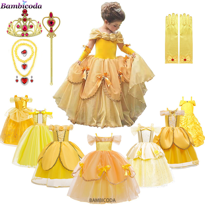 Cosplay Belle Princess Dress para meninas, fantasia infantil, roupas de festa, bastão mágico, coroa, vestidos para crianças, 2023