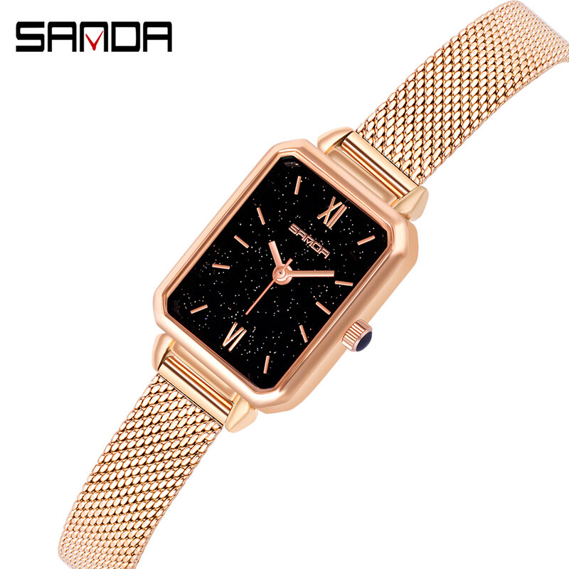 Sanda Starry Sky Women Watches Ladies Square Wristwatch Clock Rose Gold Milanese Mesh Leather Band Quartz Watch Relogio Feminino
