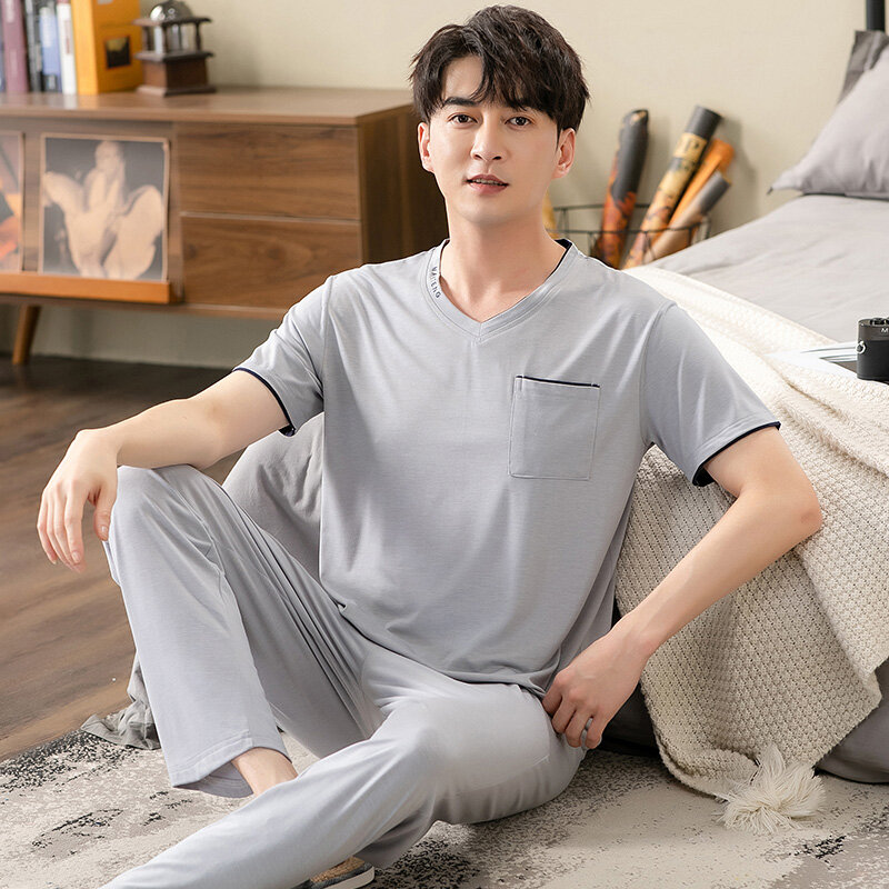 Set Piyama Katun Modal Pria Atasan Lengan Pendek Musim Panas + Celana Panjang Pakaian Tidur Pakaian Rumah Pakaian Tidur Fashion Sederhana untuk Pria