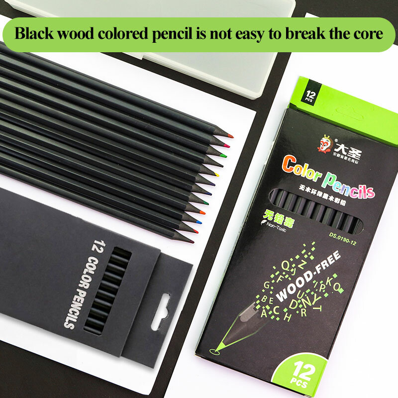 Lápices de colores de madera negra novedosos, 12 colores, alta calidad, estudiantes, lápiz de Color de Arte de madera negra, dibujo, pintura, bocetos, suministros
