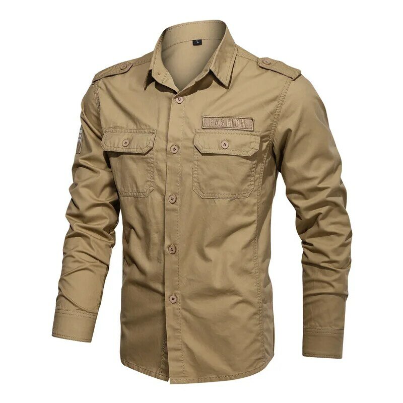 Рубашка мужская с эполетами, хлопок 100%, длинный рукав, стиль милитари, одежда для мужчин, весна