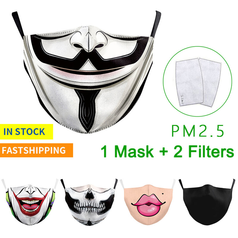 Volwassenen Herbruikbare Gezichtsmasker Anti Vervuiling Facemask Bescherming PM2.5 Anti-stof Gedrukt Gezicht Maskers Wasbaar Facemasks Met Filter
