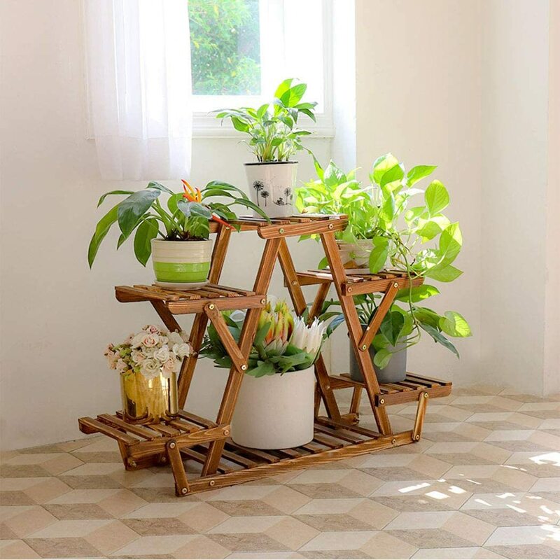 6 Tiered Wood Plant Stand Indoor Outdoor Carbonized Triangle Corner Plant Rack