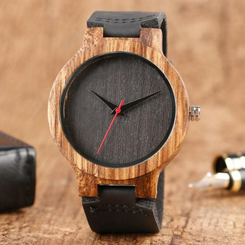 Relógio de pulso redondo de madeira unissex, pulseira de couro sem números, relógio analógico de quartzo