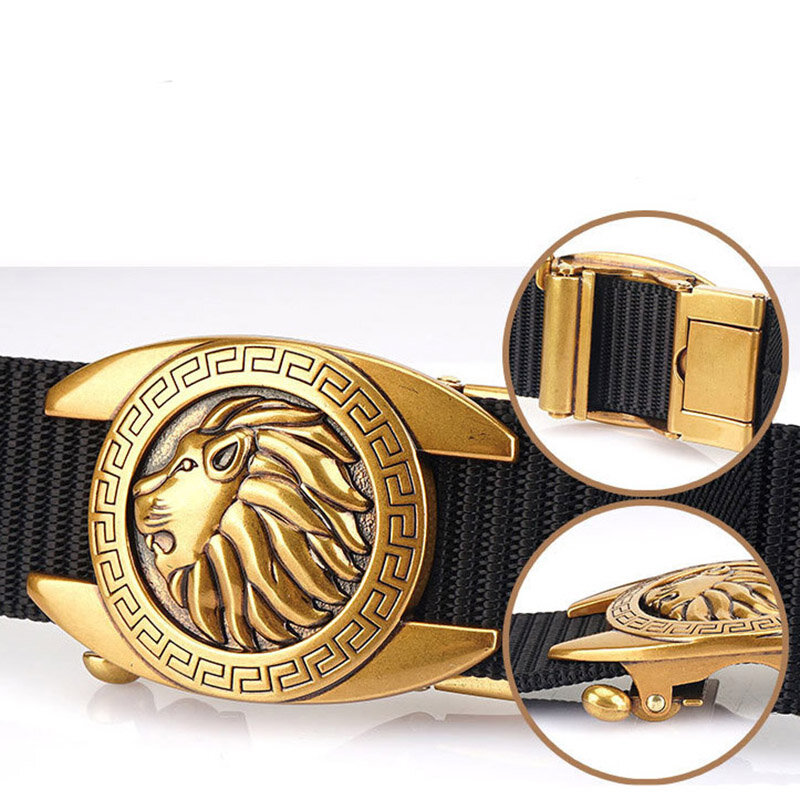 BOKADIAO Man's Nylon Belt Luxury Gold Lions Metal Automatic Buckle Canvas Belts for Men Fashion Jeans Waistband Black Male Strap
