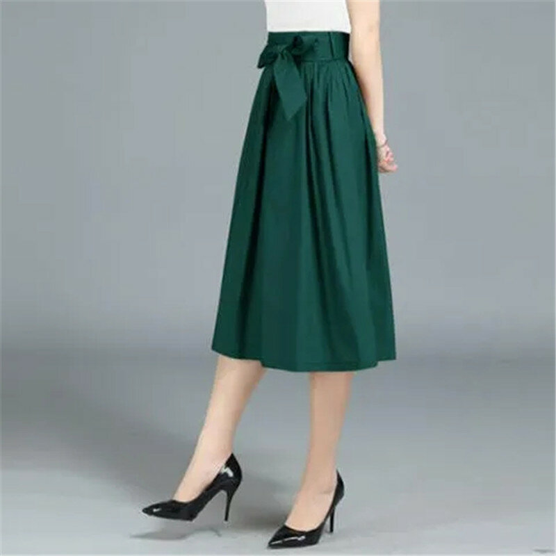 2023 nowy Plus rozmiar nowy elastyczny, wysoki pas biodrowy zasznurować Bowknot spódnica trzy czwarte urząd Lady czarny plisowany koreański modna spódnica elegancki