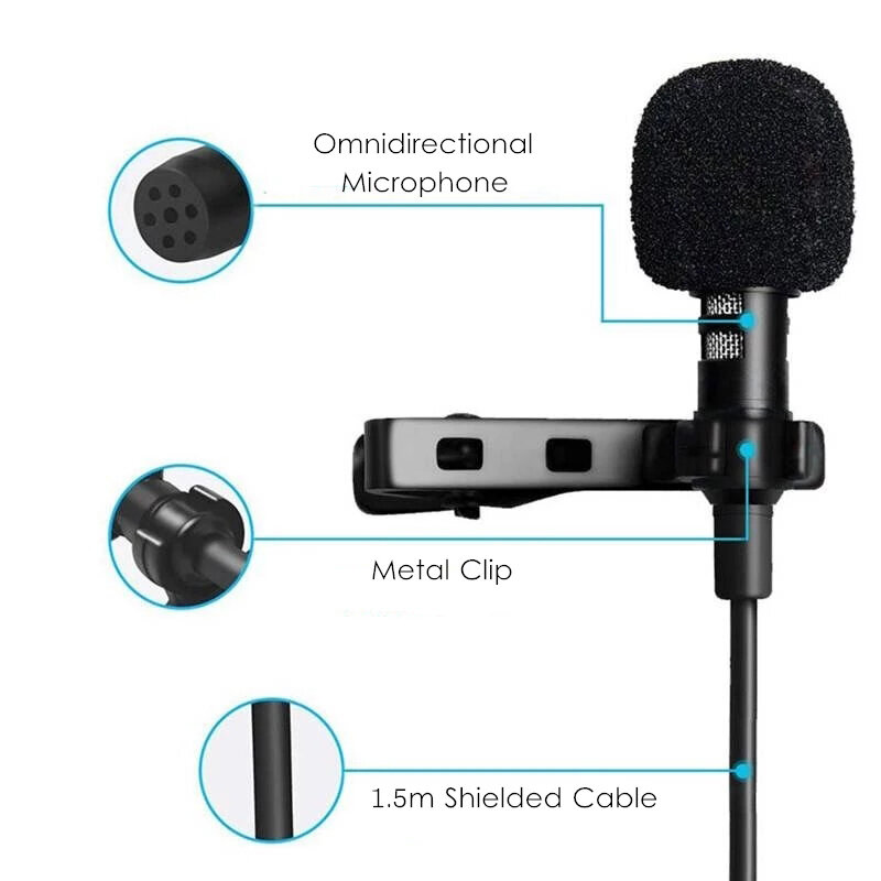 Mini Microfone de lapela portátil, Condensador, Clip-on, Lapel Mic, Com fio, USB, 3,5mm, Tipo-C, Telefone, Mac, Laptop, PC, 1,5 m