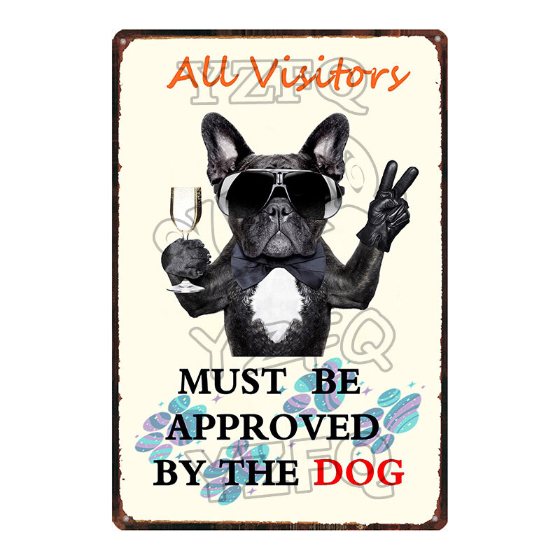 Poster lucu dihiasi oleh anjing plakat logam tanda timah antik dinding Bar dekorasi rumah seni toko hewan peliharaan kerajinan Retro 30x20cm DU-5623A