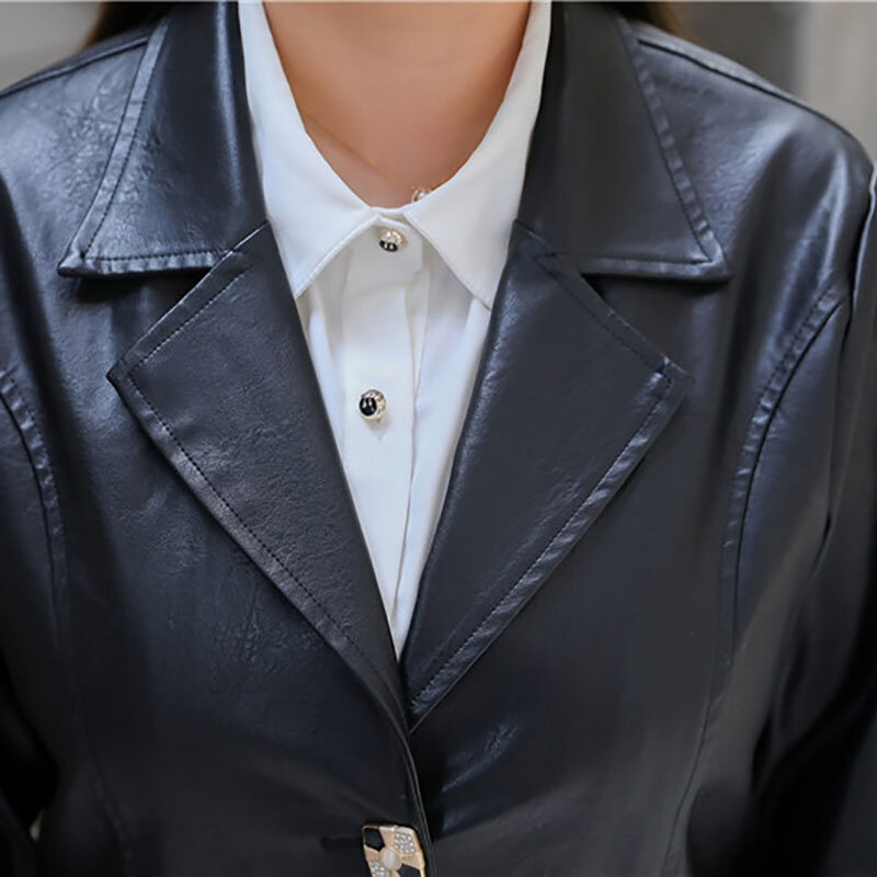 Женская куртка из мытой искусственной кожи, черная однобортная приталенная куртка из искусственной кожи с поясом, Осень-зима 2022