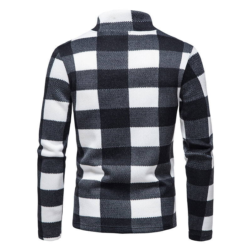 가을, 겨울 신사복 격자 무늬 프린트 긴팔 스웨터 패션 스탠드 칼라 지퍼 스웨터 캐주얼 스웨터
