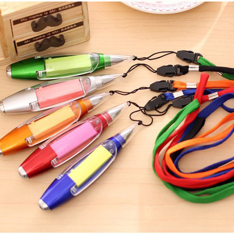Bolígrafo portátil multifunción con luz LED para colgar en el cuello, bolígrafos creativos con papel de nota, suministros escolares novedosos