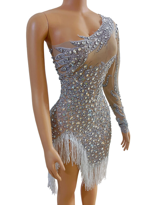 Vestido transparente con flecos y diamantes de imitación para mujer, traje Sexy de un hombro, con hojas, para baile latino, espectáculo de moda
