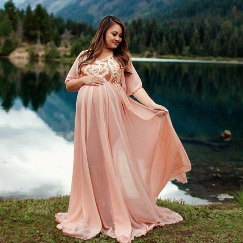 Gaun fotografi ibu hamil seksi, gaun renda mewah kehamilan, gaun panjang wanita, merah muda, biru, pakaian ibu hamil
