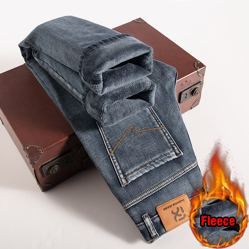 Calça jeans quente de lã masculina, estilo clássico, casual para negócios, ajuste regular, calça jeans stretch grossa, marca masculina, inverno, nova