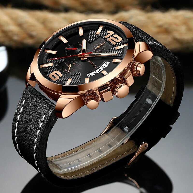Reloj hombres Crrju watch men fashion sport chronograph watches Military leather band watch for men sport Quartz wrist watch