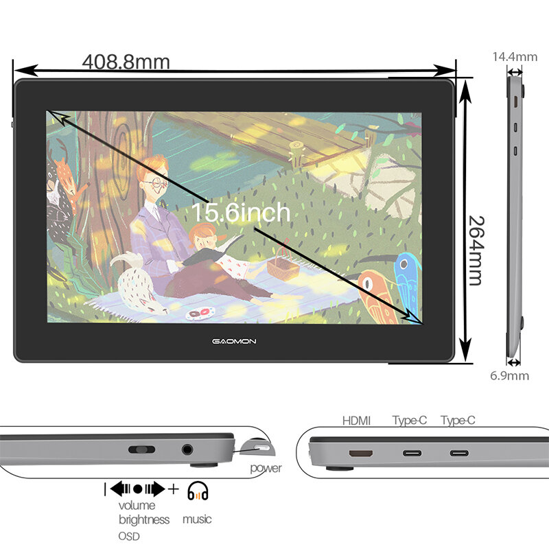 Gaomon-Art Graphic Tablet Monitor, IPS Digital Tablet Display para CG Desenho e Pintura, 15.6 ", 3840x2160, PD1620, PD1621