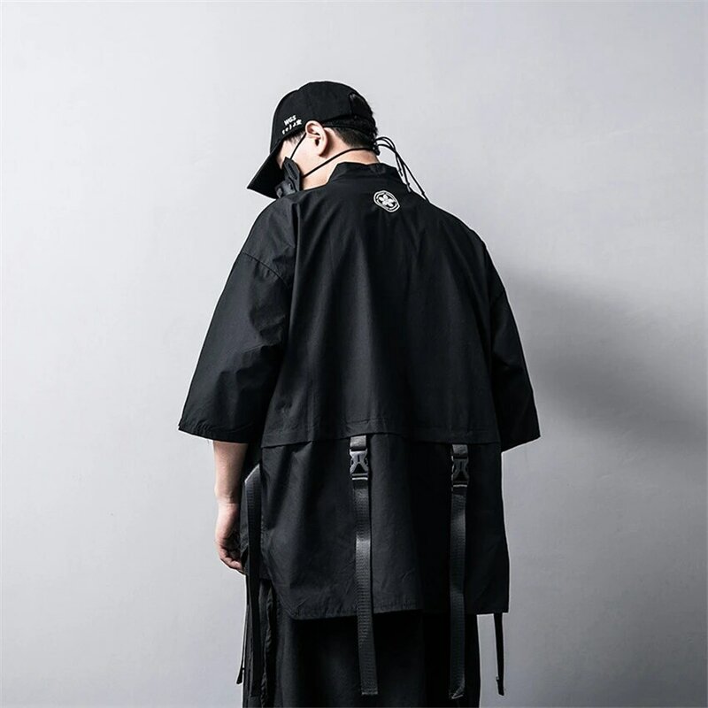 Japonês tradicional quimono cardigan preto algodão moda palco haori samurai cosplay trajes estilo chinês casaco streetwear