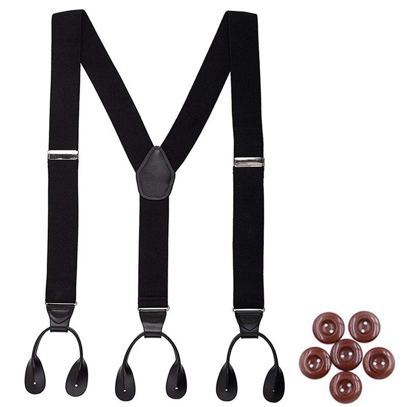 Suspensórios de couro preto vintage para homens, aparados em Y, cintas elásticas ajustáveis, correia, extremidade do botão, largura de 3,5 cm