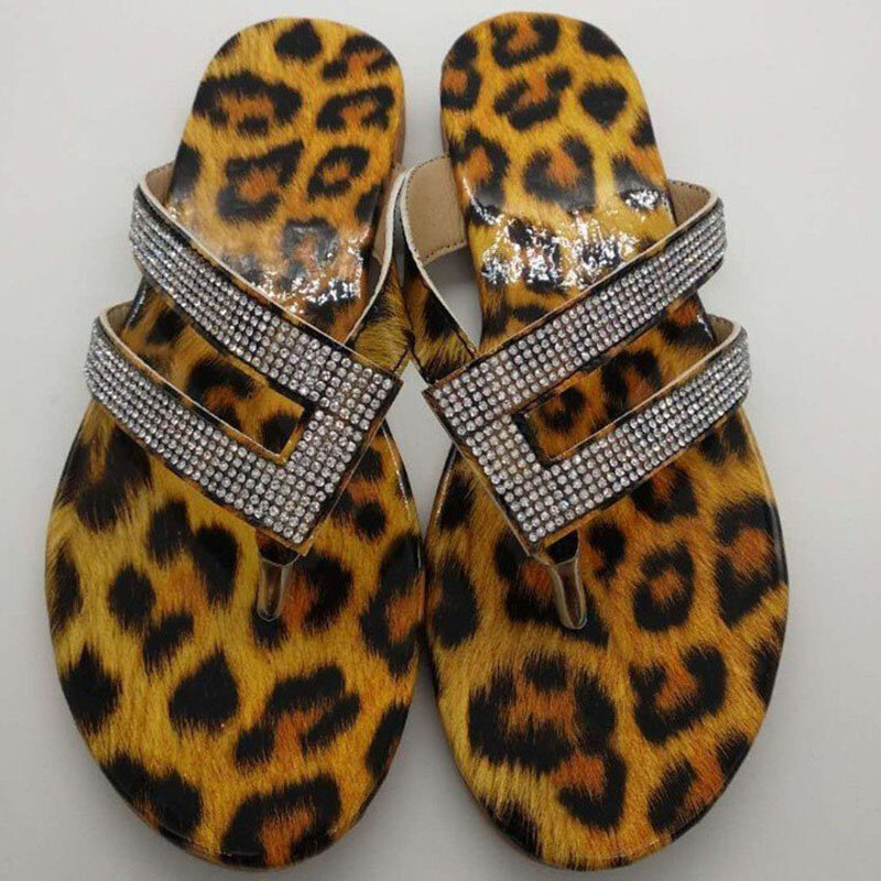Sandalias con estampado de leopardo para mujer, zapatos planos de cristal, a la moda, para verano
