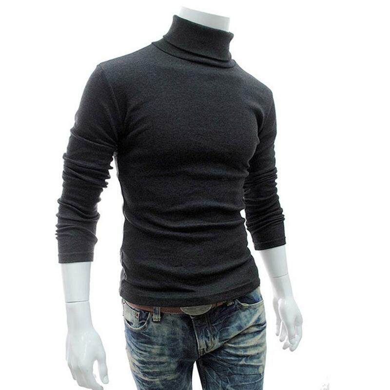 Camisa de algodão com gola de tartaruga, pulôver masculino de cor sólida para outono e inverno com caimento fino