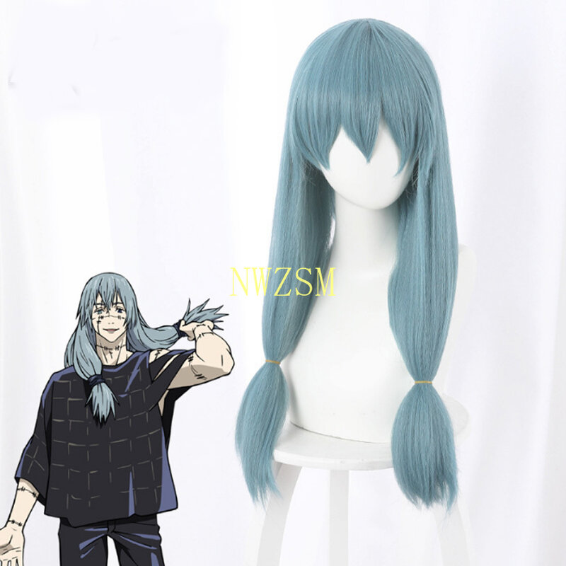 Parrucca Cosplay juskeleton su Kaisen Mahito blu resistente al calore capelli sintetici doppia treccia Costume parrucca puntelli