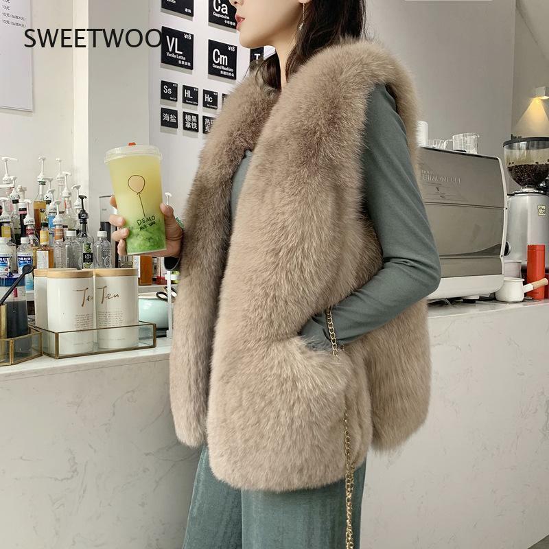 Chaleco de piel de zorro sintética para mujer, chaleco largo de piel auténtica, moda elegante, ajustado, novedad de 2022