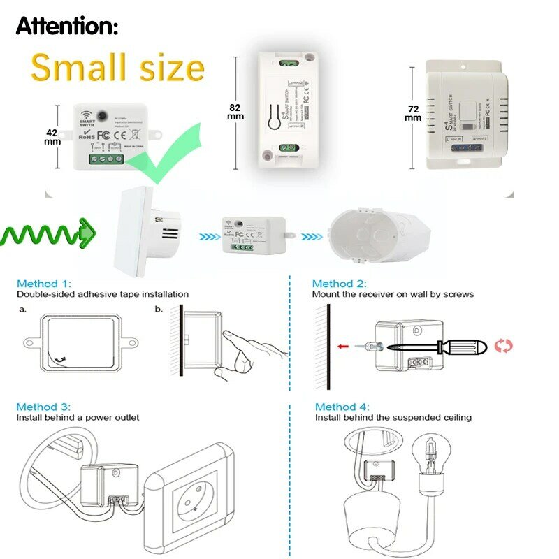 Interrupteur Mural Intelligent sans Fil de 433 MHz, 220V avec Télécommande Mini Relais Récepteur, Ventilateur de Lampe LED pour la Maison, RF 86