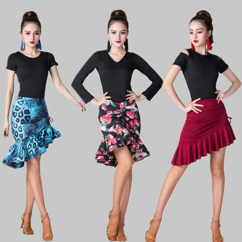 女性のためのクラシックなヒョウ柄のダンスドレス,非対称のフリルスカート,サルサ,チャラ,タンゴ
