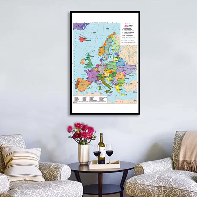 Póster Artístico de pared con mapa de Europa para decoración del hogar, suministros escolares, póster de lona, mapa de Europa en ruso, 59x84cm