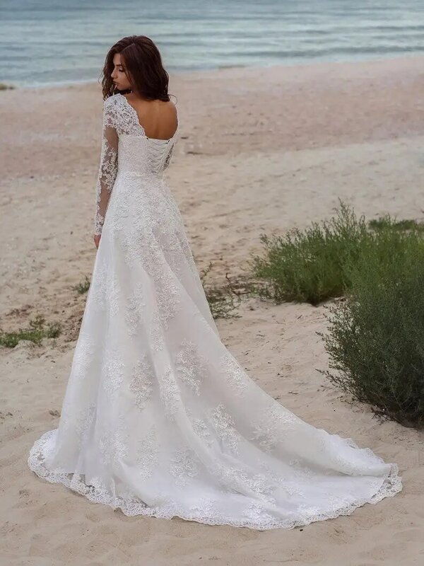 Vestios De Novia Lace Up A-line Wedding Gowns V-neck Appliques Long Sleeves Garden Elegant Bridal Dresses with See hrough Back