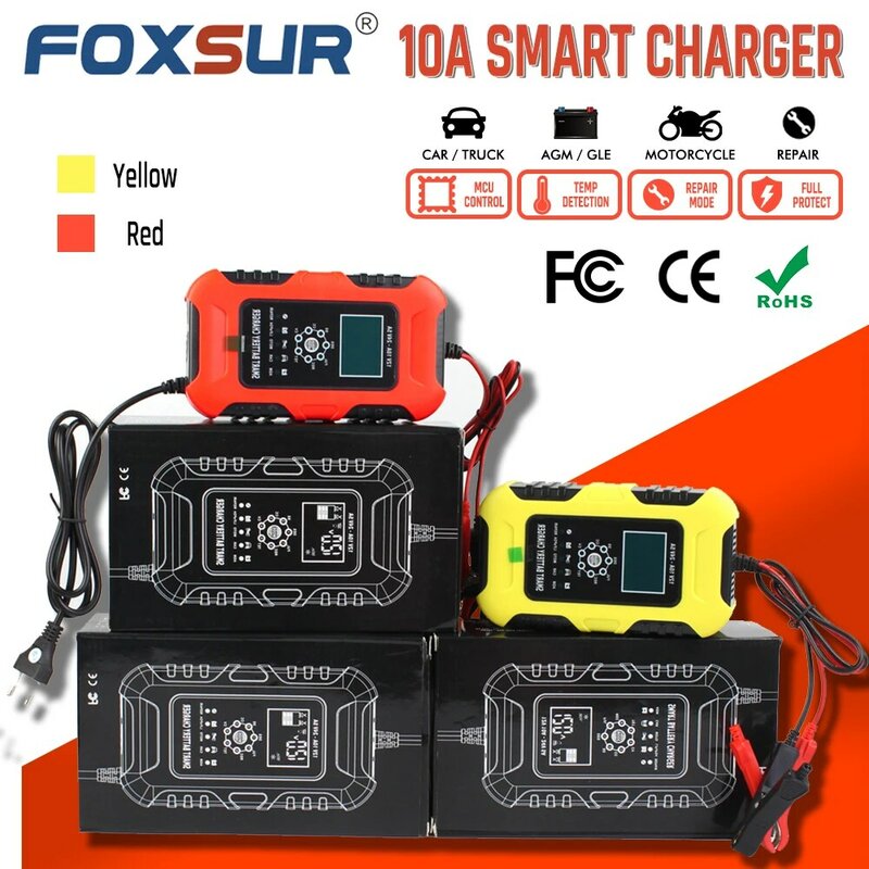 FOXSUR-cargador de batería para coche y motocicleta, dispositivo de 12V, 10a/24V, 5A, GEL AGM, húmedo, LiFePo4, plomo ácido, reparación automática de pulso, desulfatador rápido