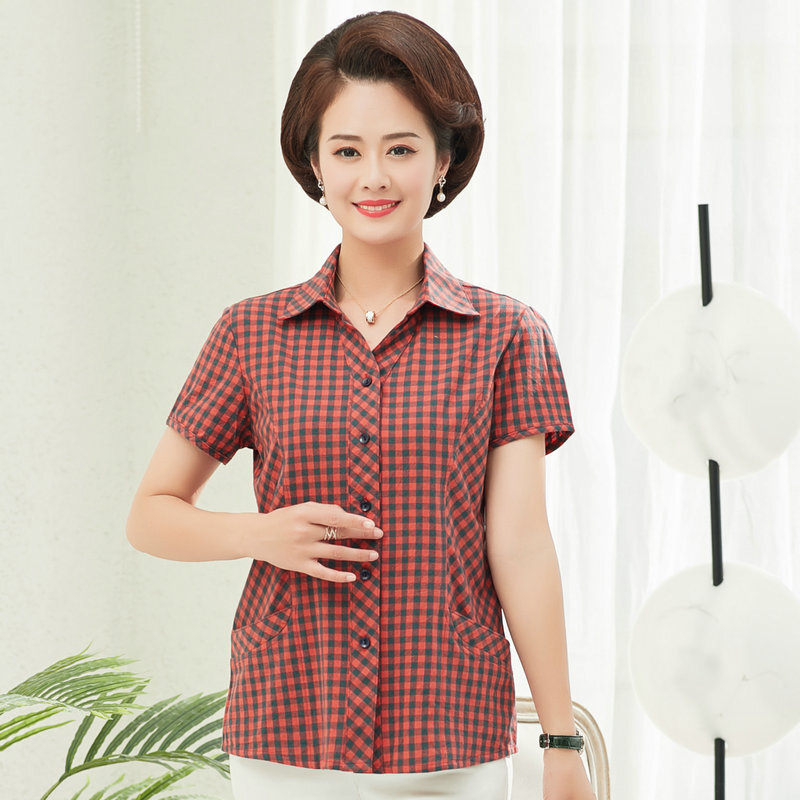 Spring Summer Women Short Sleeve Cotton Shirts Red Beige Blue Small Plaid Pattern Comfort Top Turn Down Collar Checked Clothes