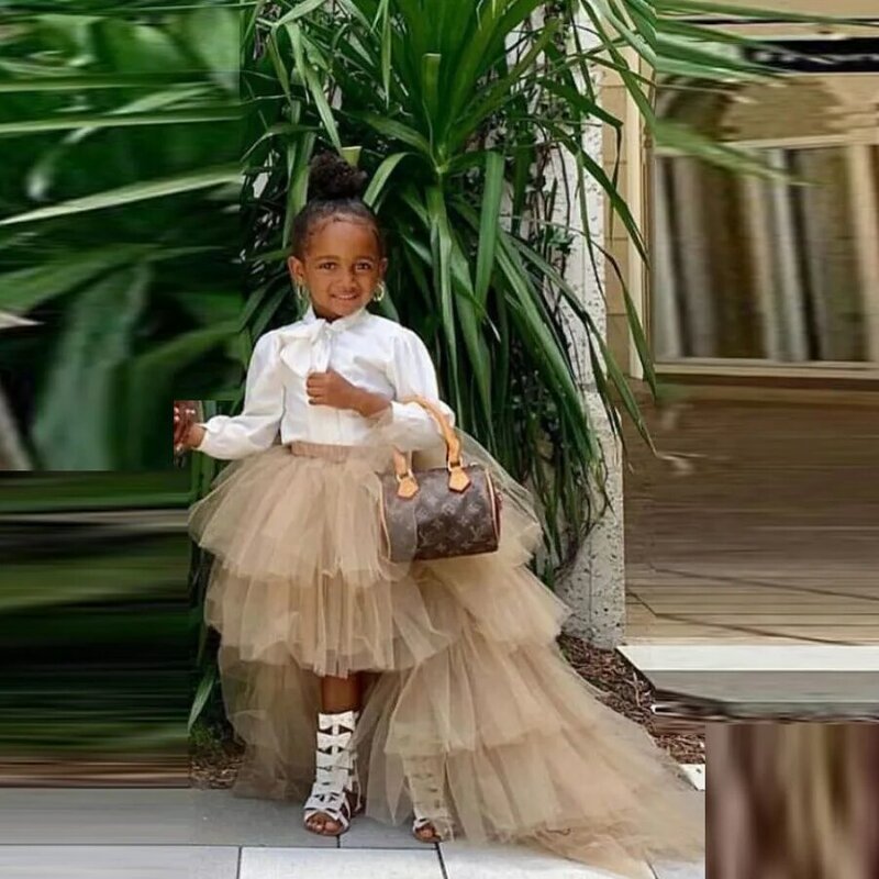 Rok Gadis Kecil Berjenjang Khaki Hai Rendah Bunga Rok Gadis untuk Pernikahan Dibuat Sesuai Pesanan Rok Tutu Panjang Depan Pendek Belakang Panjang