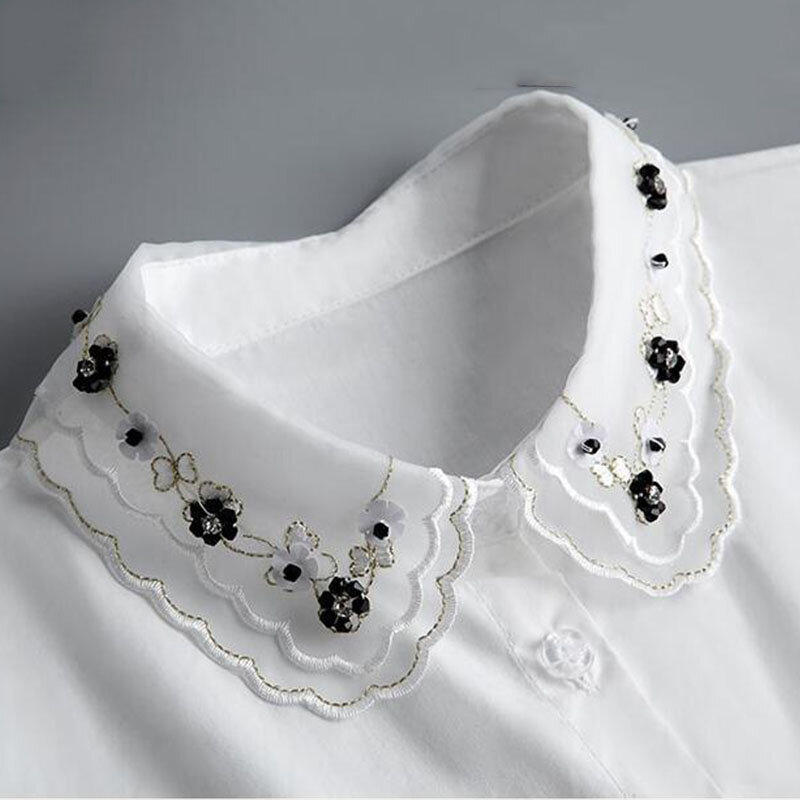 Front Tie Wit Nep Kraag Stand Kralen Afneembare Kraag Nep Vrouwen Vintage Crystal Lace Dames Valse Blouse Kraag Half Shirt